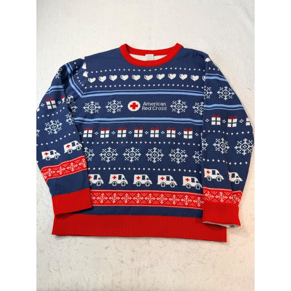 American Red Cross Ugly Christmas Sweater Navy Blue Fair Isle Ambulance Medium